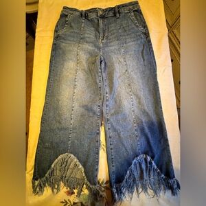 MICA DENIM Frayed Hem Wide leg Cropped Blue Jeans